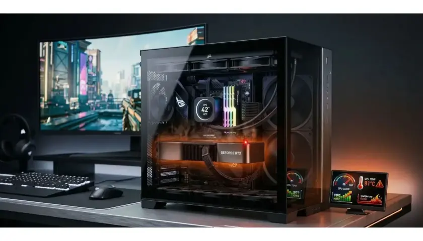 Un PC gamer puissant, prêt pour des sessions de jeu FPS intenses. L'écran affiche un jeu futuriste, le boîtier révèle une carte graphique RTX et un système de refroidissement RGB.