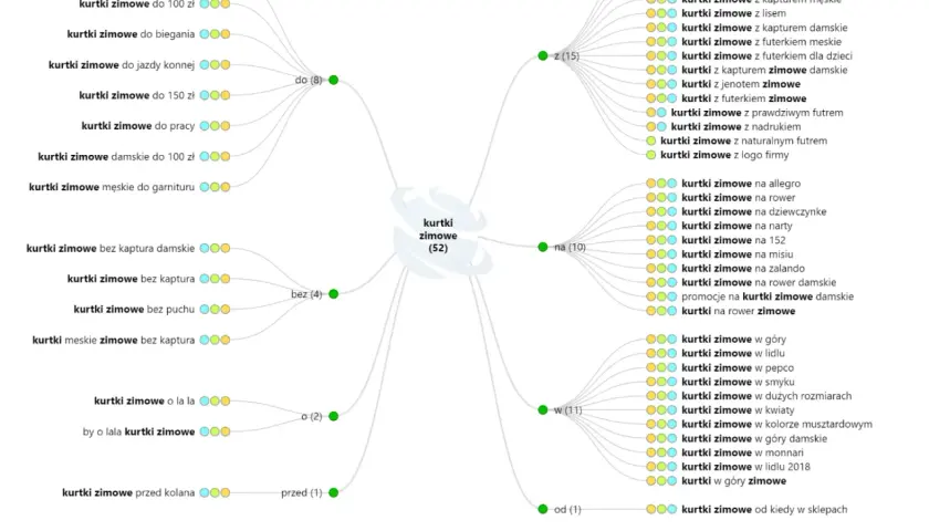 Mapa słów kluczowych dla "kurtki zimowe" pokazuje pozycję strony w Google, analizując zapytania użytkowników.