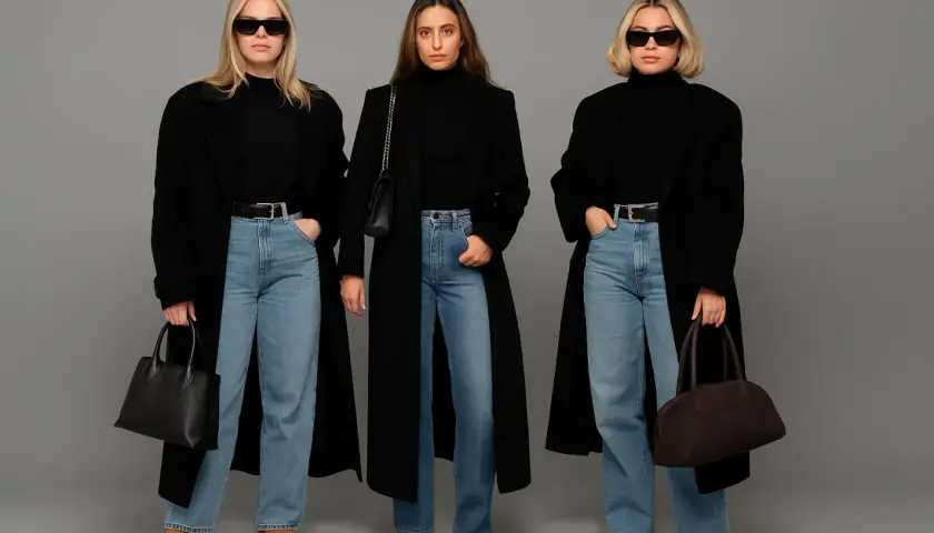 Trzy kobiety w czarnych płaszczach i jasnych jeansach prezentują stylowe, casualowe zestawy. Idealne ciemne jeansy stylizacje na co dzień.
