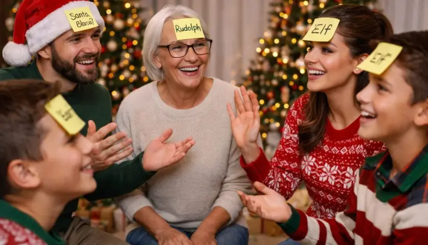 Familia jugando a adivinar personajes navideños en Nochebuena. ¡Una forma divertida de saber qué hacer en nochebuena!