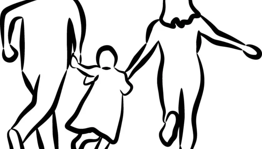 Arte con líneas: una familia corriendo junta, tomados de la mano, con trazos audaces y dinámicos.
