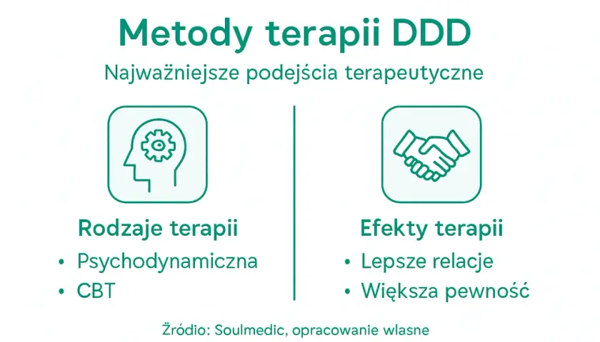 Grafika przedstawia metody terapii DDD: ikonę głowy z kołem zębatym (rodzaje terapii) i ikonę uścisku dłoni (efekty terapii).