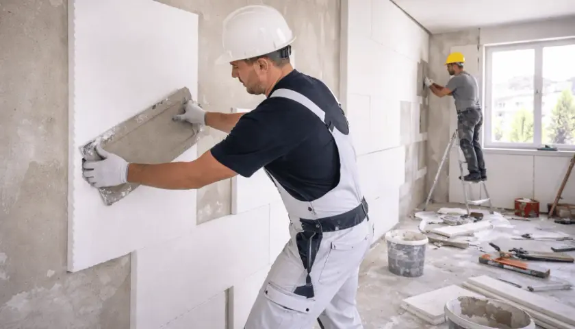 Operai applicano pannelli isolanti per creare un cappotto energetico, migliorando l'efficienza termica dell'edificio.