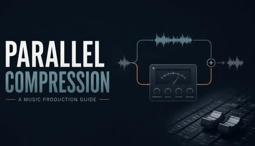 Grafik erklärt parallel compression: Wellenformen, Kompressor-Interface mit Reglern und Mischpult-Fader.