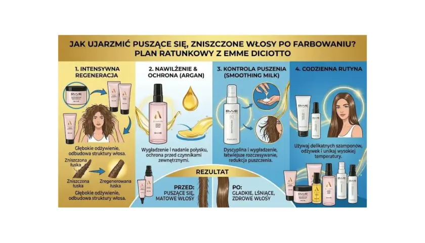 Ilustracja przedstawia plan pielęgnacji włosów po farbowaniu z produktami marki Emme Diciotto.