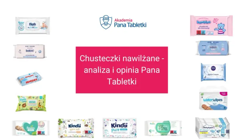 Jakie chusteczki dla noworodka wybrać? Analiza i opinia Pana Tabletki prezentuje różne marki chusteczek nawilżanych, m.in. Bambino, Bobini, Nivea, WaterWipes.