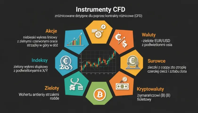 Instrumenty CFD, które z instrumentów finansowych korzysta z dźwigni finansowej: akcje, waluty, surowce, kryptowaluty, indeksy, zieloty.