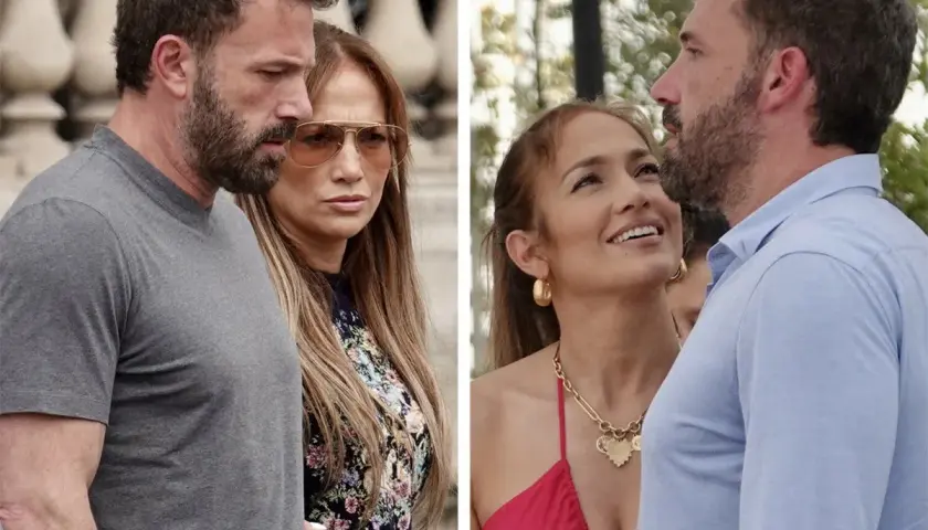 Jennifer Lopez i jej mąż Ben Affleck w czułym uścisku. Ona patrzy na niego z miłością, on z uwagą.