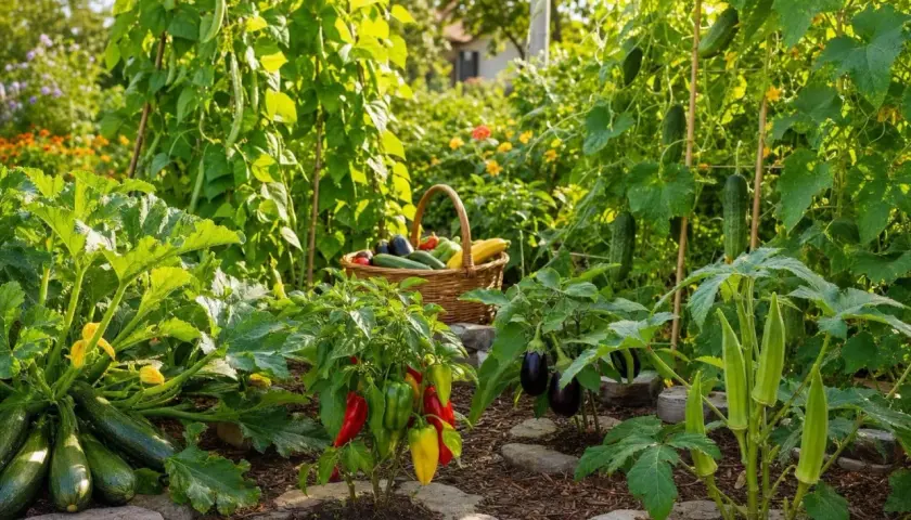 Un potager luxuriant avec courgettes, poivrons, aubergines et concombres. Idéal pour savoir quoi planter en juillet et profiter d'une récolte abondante.