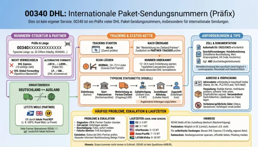 Das Diagramm erklärt die DHL-Sendungsnummern (Präfix 00340) für internationale Pakete, von der Struktur über Tracking bis zu Problemen.