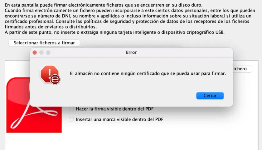 Error en AutoFirma: El almacén no contiene certificados para firmar.