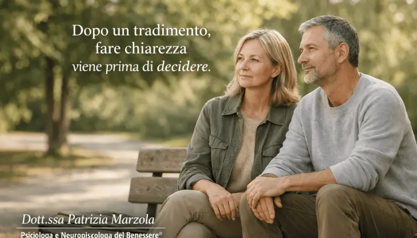 Coppia seduta su una panchina, pensierosa. Dopo un tradimento, quando si tradisce è finito l'amore, ma la chiarezza è il primo passo.