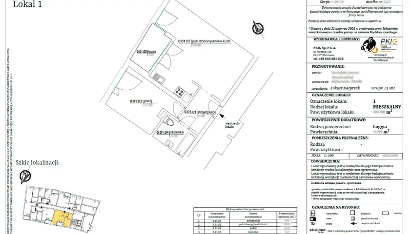 Plan lokalu mieszkalnego z danymi do zaświadczenia o samodzielności lokalu. Widoczny układ pomieszczeń: przedpokój, pokój, łazienka, aneks kuchenny i loggia.