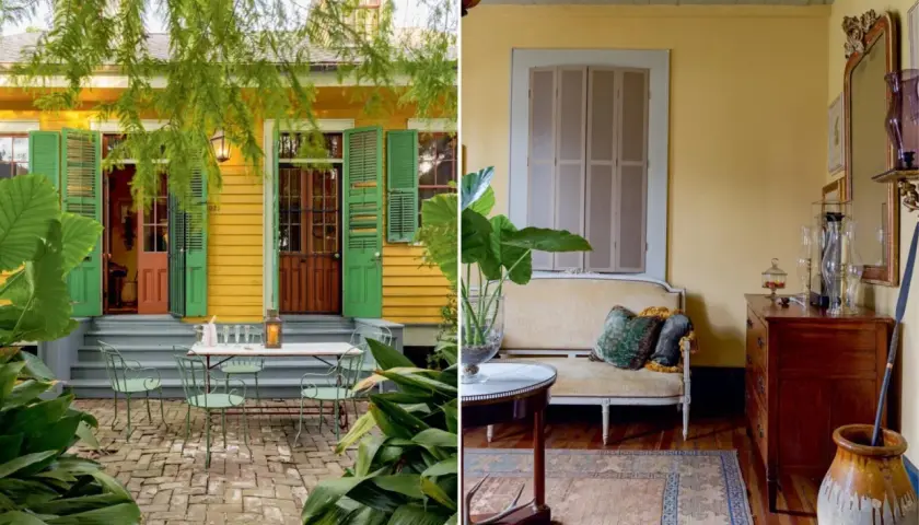 Vibrant yellow exterior with green shutters, a charming patio, and a cozy interior showcasing classic New Orleans interior design style.