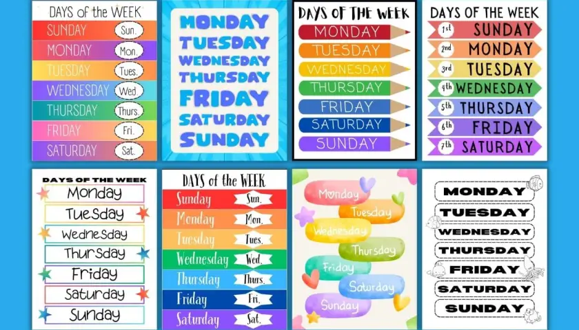 Vari schemi colorati per imparare i giorni della settimana in inglese da stampare, perfetti per bambini.