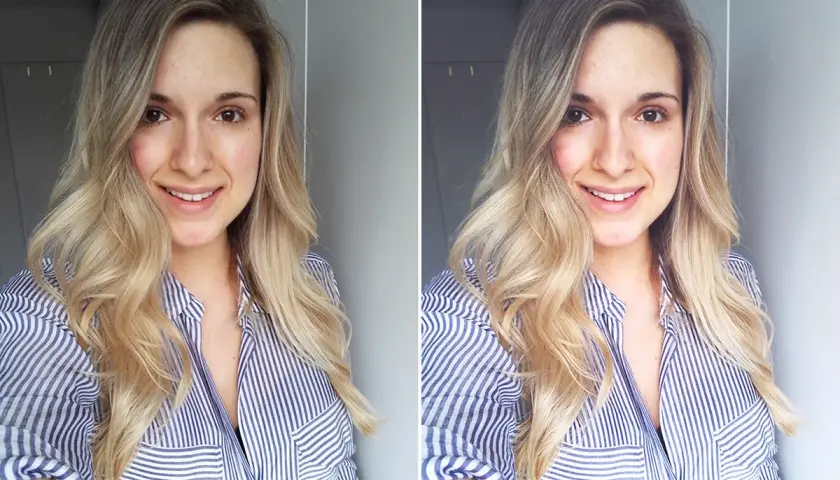 Uśmiechnięta blondynka w pasiastym, niebiesko-białym topie. Idealne, ładne profilowe.