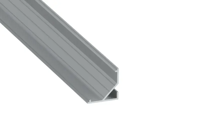 Szary profil aluminiowy do LED, z rowkami, idealny do montażu oświetlenia.