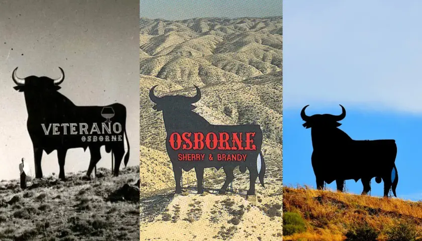 Siluetas de toros antiguos de Osborne, icónicos símbolos españoles, en diferentes paisajes.