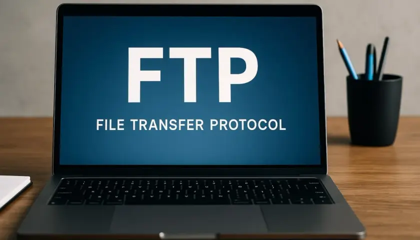 Laptop muestra "FTP FILE TRANSFER PROTOCOL". Entiende qué es FTP para transferir archivos.