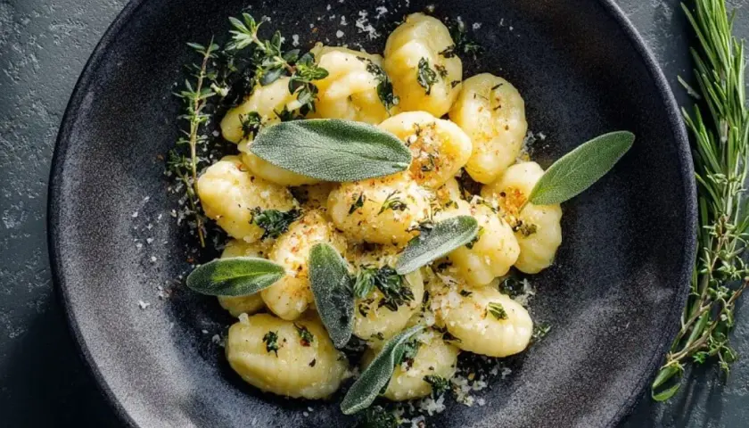 Salbei Gnocchi mit frischen Kräutern und Parmesan bestreut, serviert auf einem dunklen Teller.