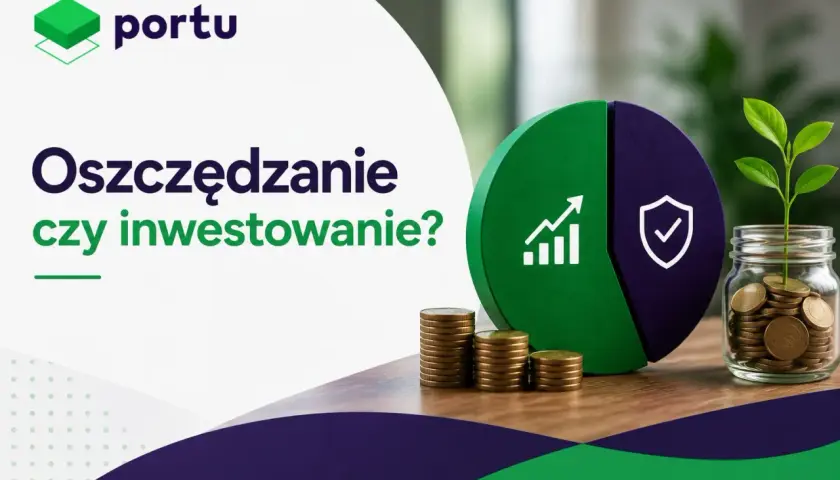 Oszczędzanie czy inwestowanie? Grafika z monetami, rosnącą rośliną i symbolem wzrostu vs. tarcza. Wybierz mądrze swoją ścieżkę finansową.