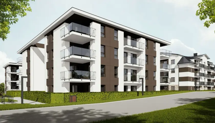 Nowoczesne apartamentowce z balkonami, otoczone zielenią. Wyobraź sobie, że mieszkasz w tej spokojnej, koncertowej dolinie.