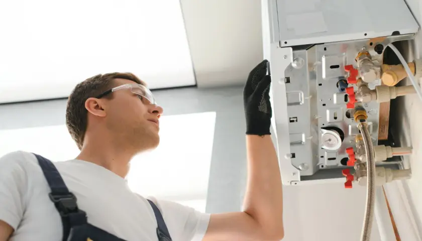 Instalator w okularach ochronnych sprawdza podłączenia kotła. Widać elementy takie jak anoda tytanowa i zawory.