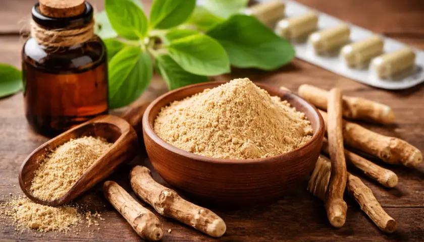 Radici, polvere e olio di ashwagandha, con foglie verdi e capsule in blister, su un tavolo di legno.