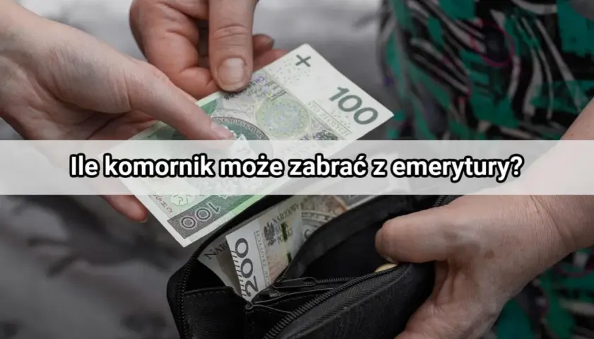 Dwie dłonie wkładają banknoty do portfela. Tekst: "Ile komornik może zabrać z emerytury?".