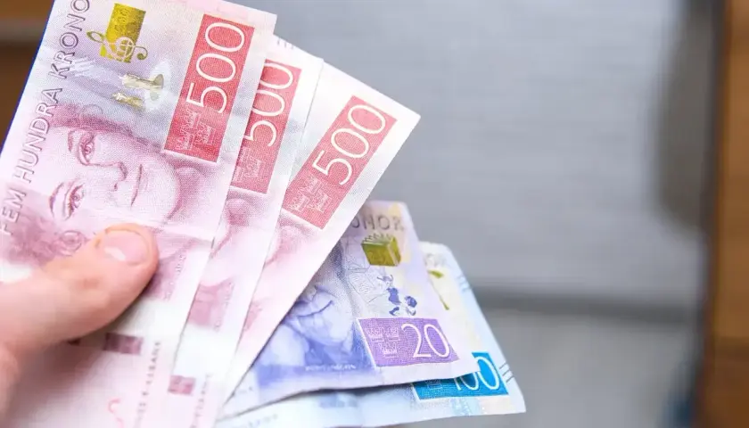 Dłoń trzyma banknoty 500 koron szwedzkich. To właśnie ta waluta obowiązuje w Szwecji.