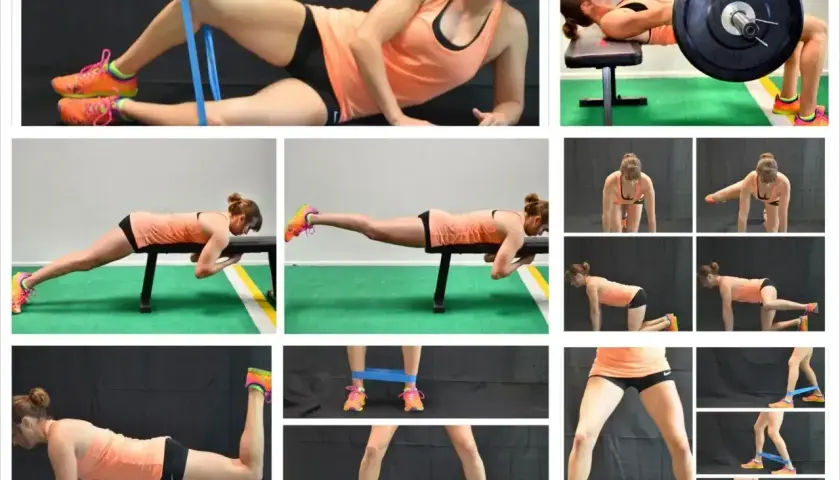 Kobieta wykonuje ćwiczenia na pośladki i nogi, w tym hip thrust ze sztangą, ćwiczenia z gumą oporową i na ławce.