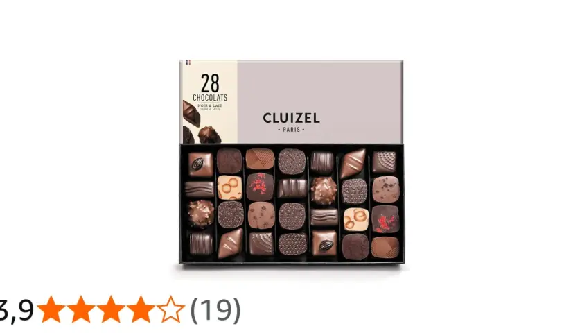 Boîte de 28 chocolats Cluizel, noir et lait. Un aperçu de la qualité qui justifie les avis positifs.