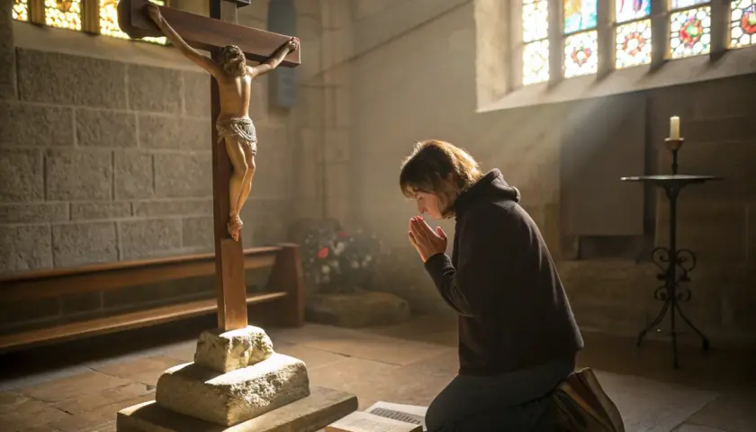 Kobieta klęczy przed krucyfiksem, szukając w modlitwie tajemnicy szczęścia Adonai. Promienie słońca oświetlają wnętrze kościoła.