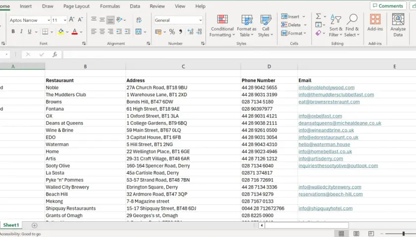 Arkusz Excel z danymi restauracji, gotowy do operacji excel zamiana wierszy na kolumny. Widoczne kolumny: Restauracja, Adres, Numer telefonu, Email.