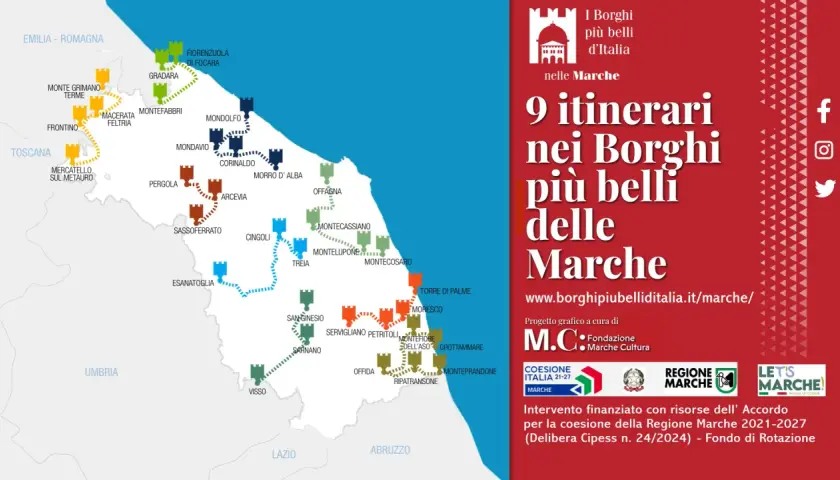 Mappa degli itinerari nei borghi più belli delle Marche, con castelli stilizzati che indicano le attrazioni.