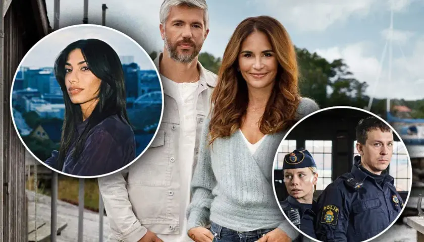 En kvinna med mörkt hår i en cirkel, ett par i mitten och två poliser i en cirkel. Reklam för svenska drama serier.