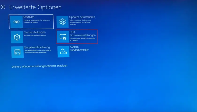Erweiterte Optionen: UEFI-Firmwareeinstellungen ändern, um den sicheren Start von Windows 11 zu konfigurieren.