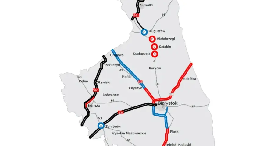 Mapa dróg S61 i S8, łączących Grajewo z Augustowem i Białymstokiem, z zaznaczonymi innymi miastami i drogami.
