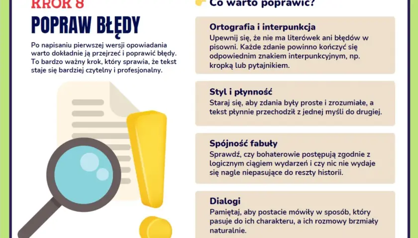 Krok 8: Popraw błędy w opowiadaniu. Lupa i wykrzyknik symbolizują poprawki, by tekst był czytelny.