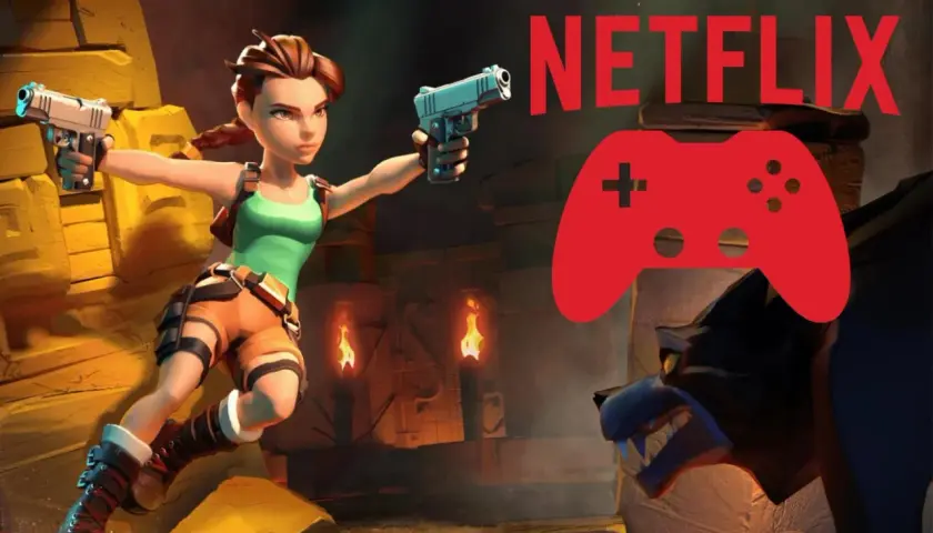 Lara Croft w akcji, gotowa na nowe przygody w grach na Netflix. Czerwony kontroler i logo Netflix zapowiadają emocje.