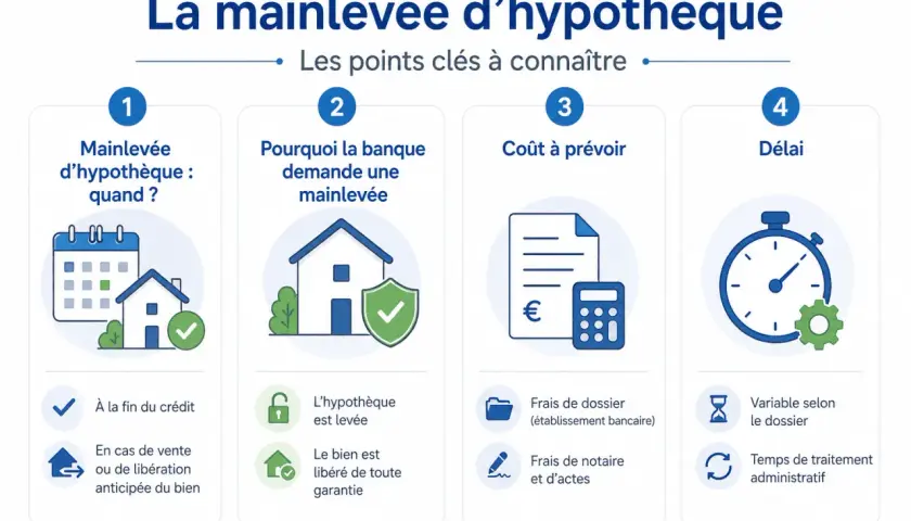 Infographie expliquant la mainlevée d'hypothèque : quand elle intervient, pourquoi la banque la demande, son coût et le délai.