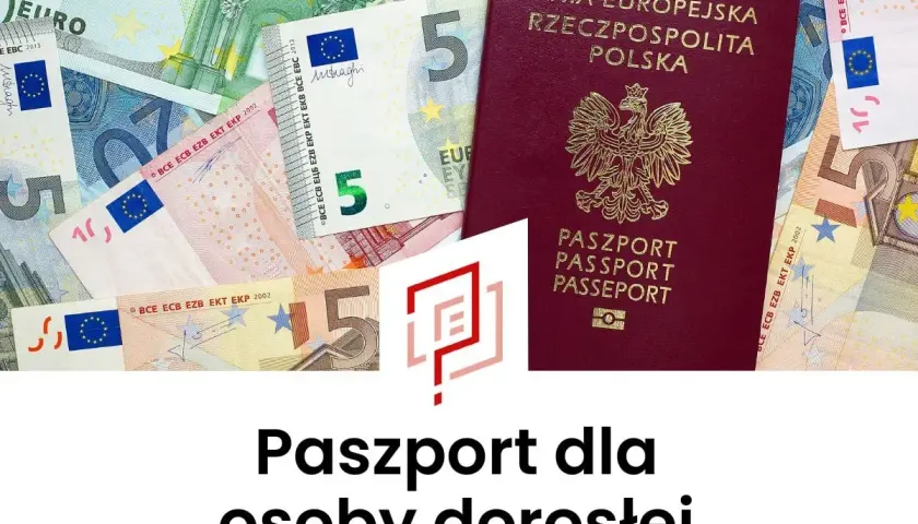 Czerwony paszport RP leży na banknotach euro. Dowiedz się, jak zapłacić za paszport.