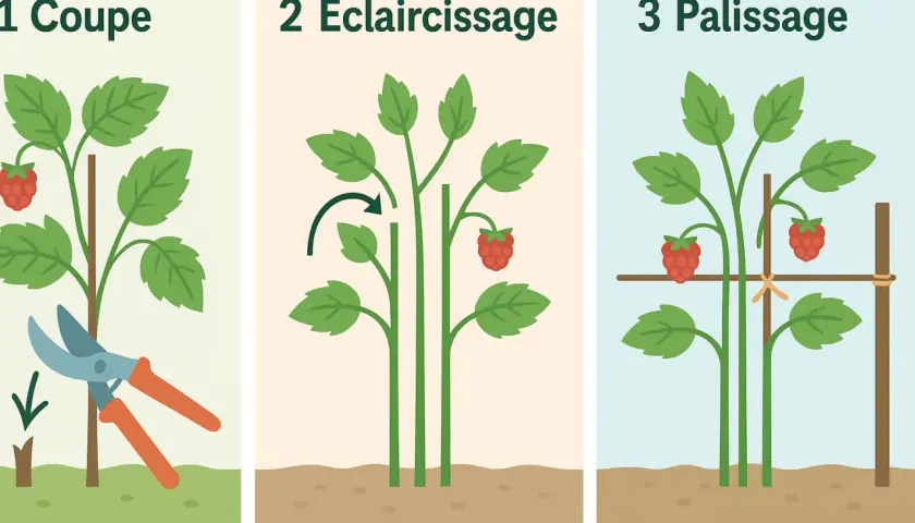 Étapes de taille framboisier : coupe, éclaircissage et palissage pour une meilleure récolte.