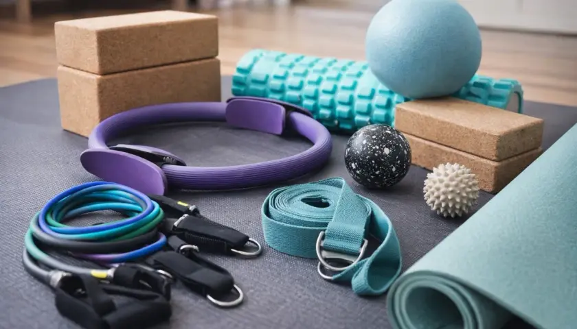 Träningsredskap för hemmet: yogamatta, pilatesring, band, bollar och block. Perfekt för din yoga DVD-träning.