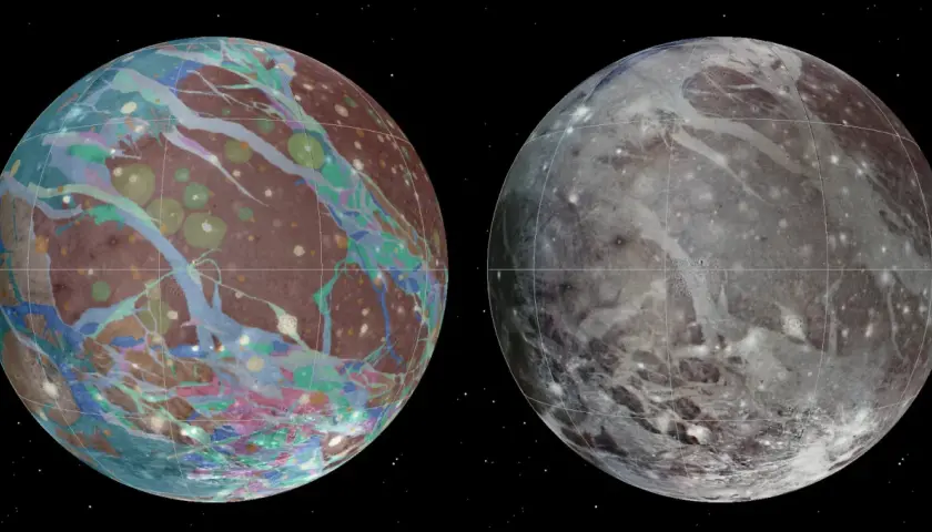Ganymede, największy księżyc Jowisza, ukazany w dwóch wersjach: z kolorową mapą geologiczną i w naturalnych barwach.