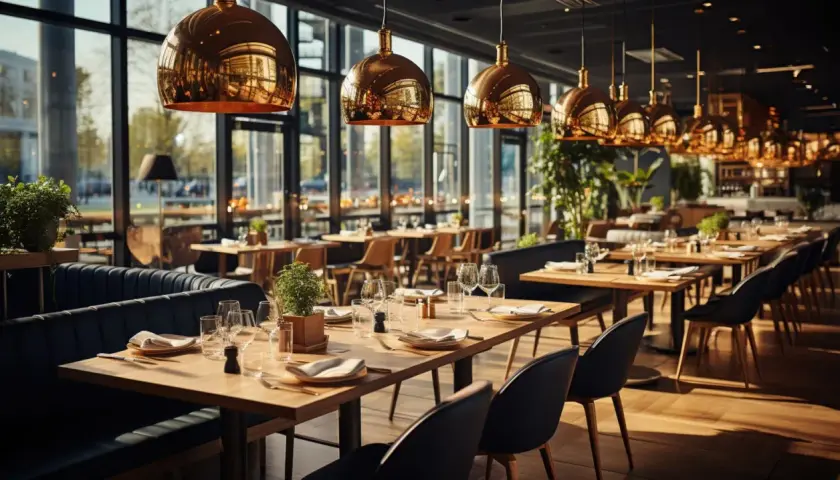 Eleganckie wnętrze restauracji w Opolu, z rzędami nakrytych stołów i miedzianymi lampami. Idealne miejsce na romantyczną kolację.