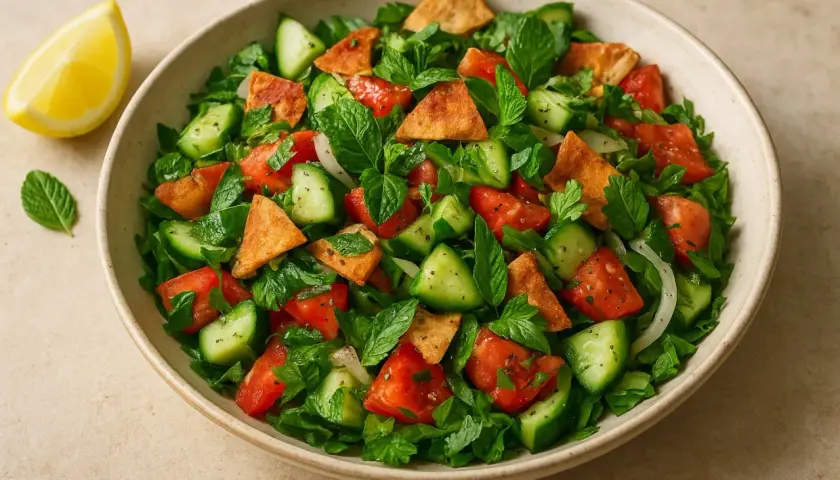 En skål med en fräsch fattoush-sallad med tomater, gurka, mynta, persilja och krispiga pitabröd. En citronklyfta ligger bredvid.