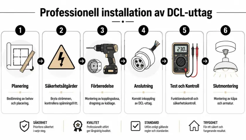 Steg-för-steg-guide för professionell installation av DCL-uttag, från planering till slutmontering av en ojordad lampa i jordat uttag.
