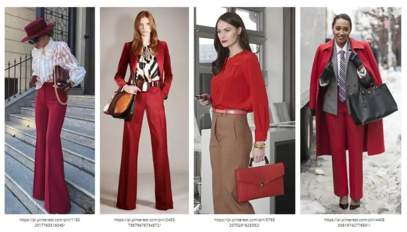 Kobiety w stylizacjach z dominującym karmazynowym kolorem. Eleganckie spodnie i marynarki w odcieniach czerwieni.