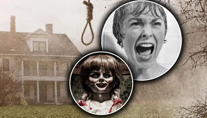 Skräckikonerna Annabelle och Janet Leigh från Psycho möts i en montage som hintar om verklighetsbaserade filmer. En galge hänger hotfullt.
